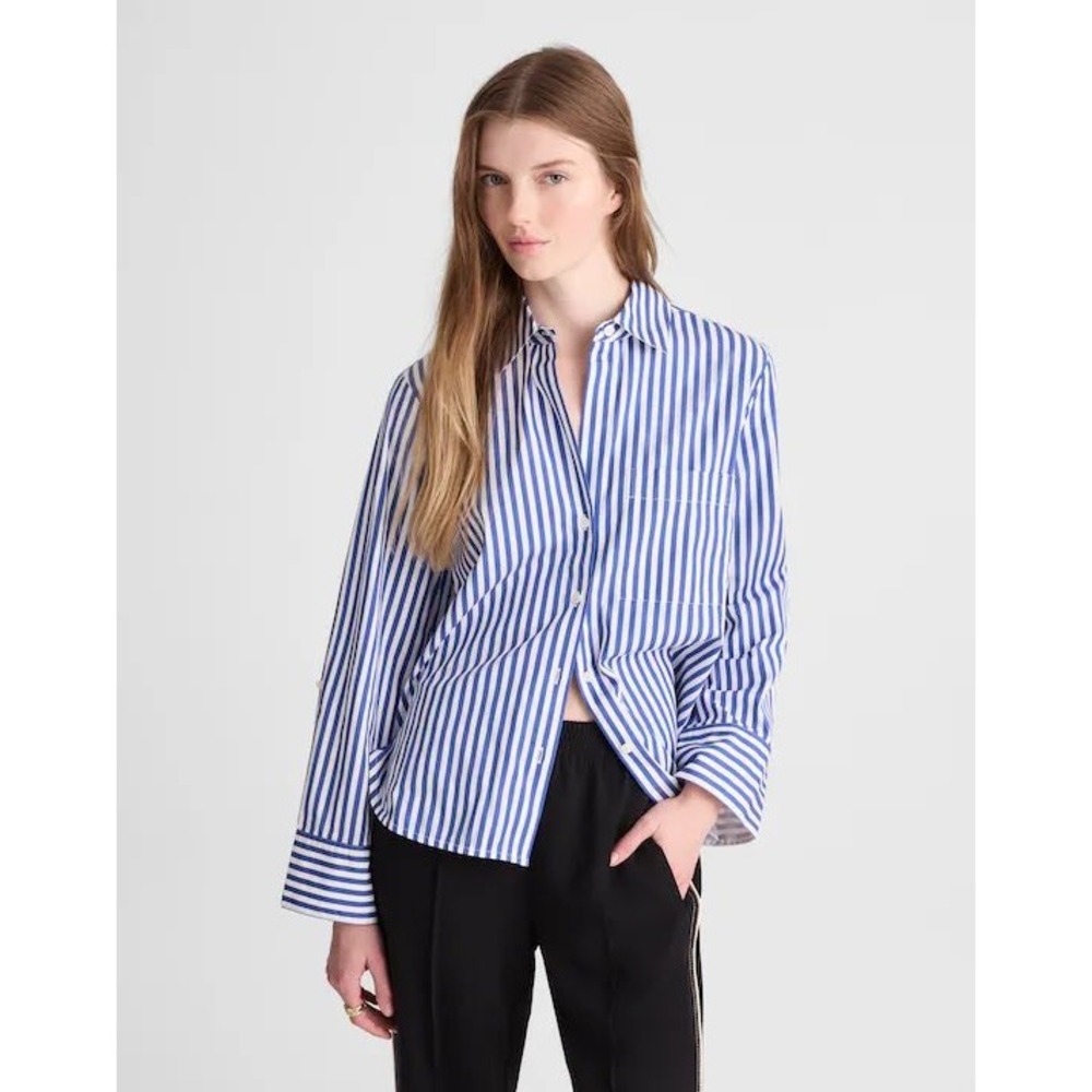 Madewell Signature Y-Neck Shirt in Poplin French Blue White Striped NZ863 Small